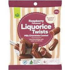 DNR Woolworths Liquorice Twists Milk Chocolate Coated Raspberry  270g